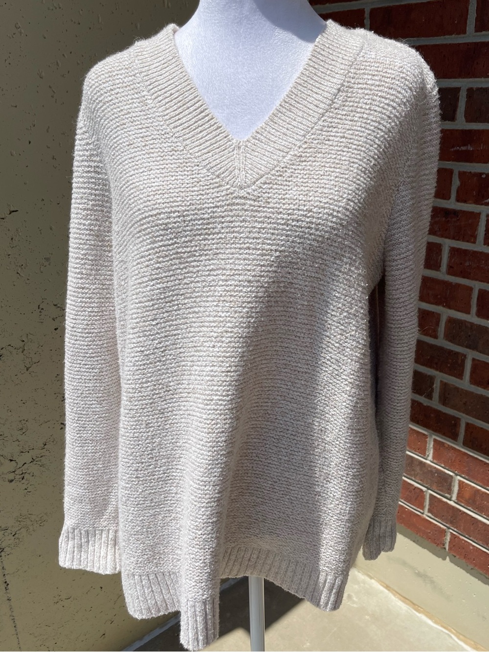 J. Jill Taupe Textured Knit Cotton Blend V-Neck Pullover Sweater Size 1X Preppy